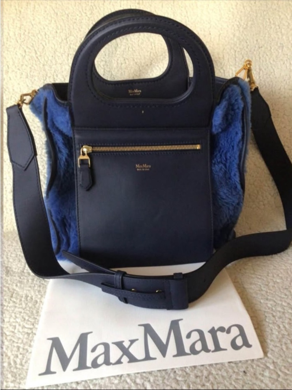 MaxMara Navy Blue Shearling-Trim Convertible Shoulder Bag